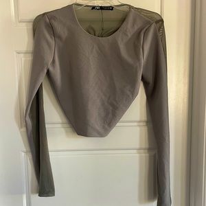 Zara Woman’s Gray Long Sleeve Cropped Top NWOT Open Back Tulle Mesh